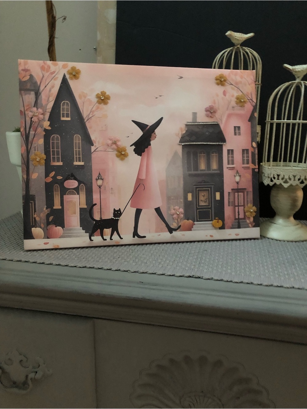 Chic Pink Witch Wall Art Canvas with Black Cat